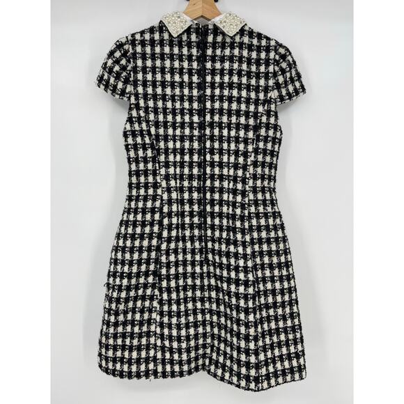 Alice + Olivia | Velia Tweed Mini Dress Black & Off White Crystal Pearl Collar 4 - Picture 6 of 16